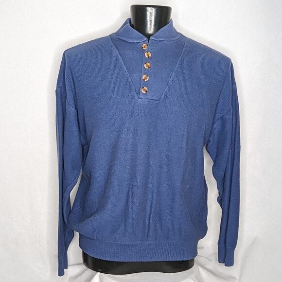 Men's 1/4 Button Pullover Sweater Large Blue Knit Casual Office Warm - Picture 1 of 4
